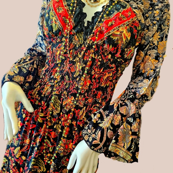 KARMA Hwy Gilded Tiered Ruffle Hem Lg. Dress Red Grn OS NWT - Picture 8 of 15